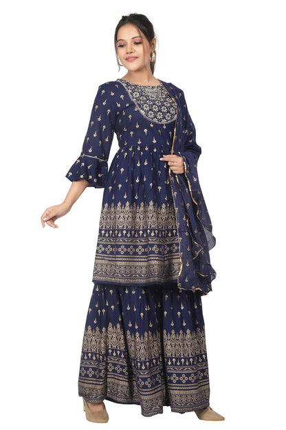 Meniki Women's Golden Printed Kurti with Sharara Pant and Dupatta