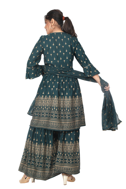 Meniki Women's Golden Printed Kurti with Sharara Pant and Dupatta