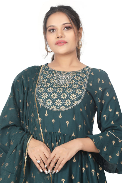 Meniki Women's Golden Printed Kurti with Sharara Pant and Dupatta