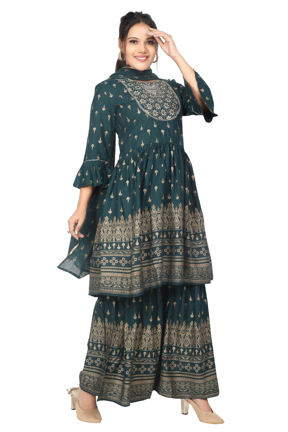 Meniki Women's Golden Printed Kurti with Sharara Pant and Dupatta