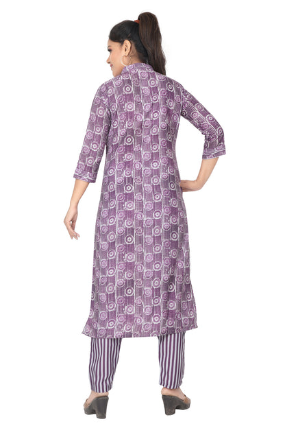 Meniki Women's Purple Circular Printed Kurti with Pant