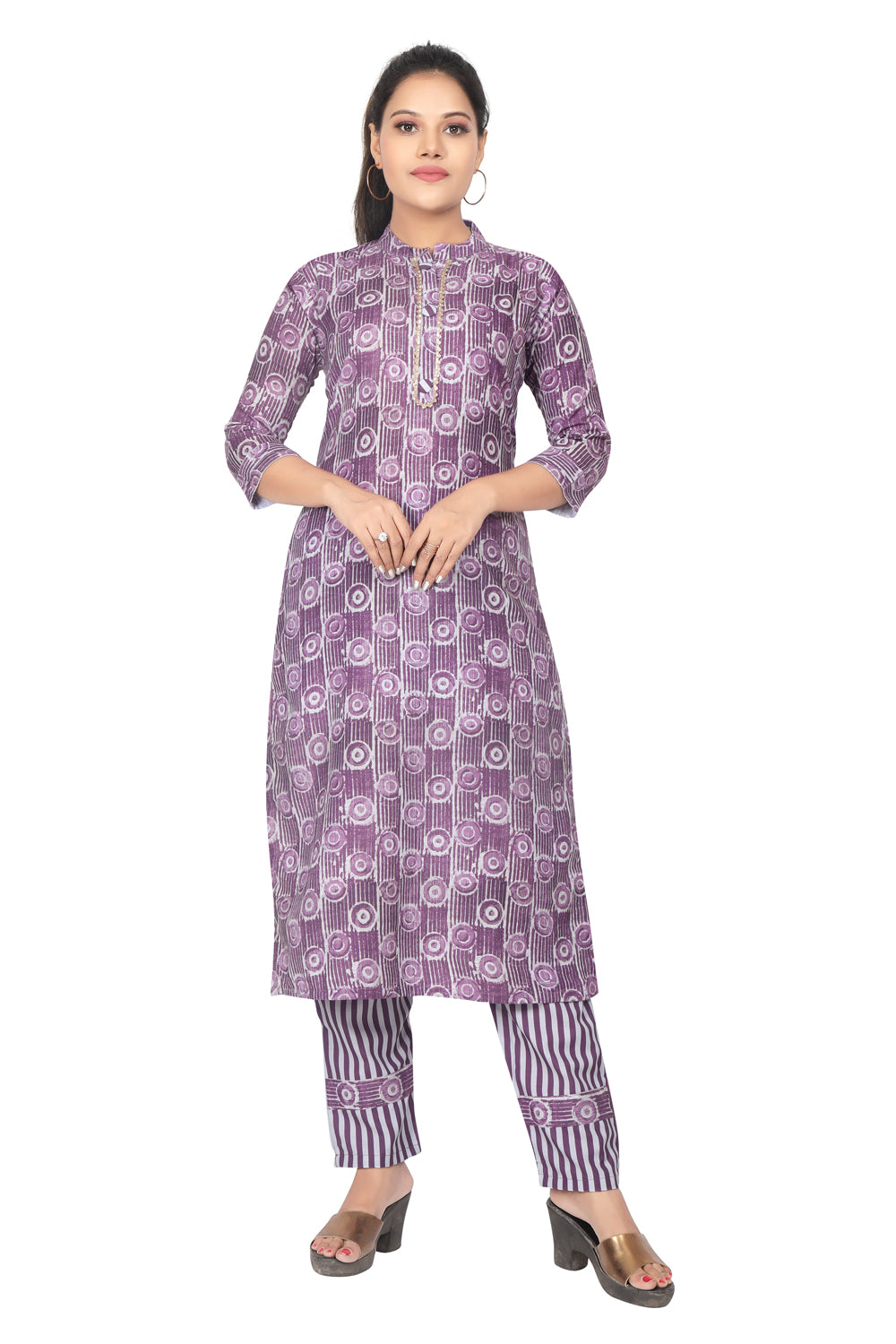 Meniki Women's Purple Circular Printed Kurti with Pant