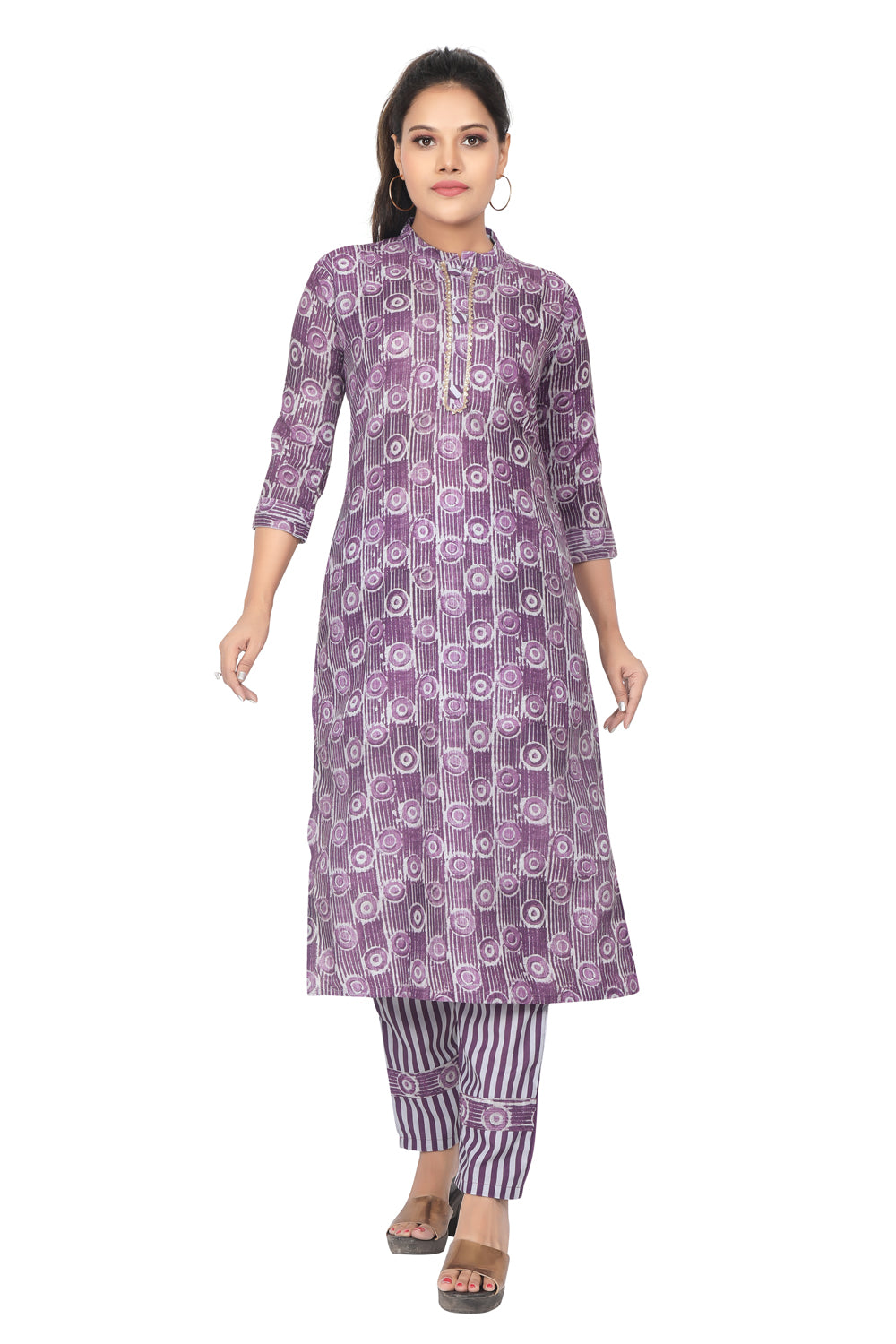 Meniki Women's Purple Circular Printed Kurti with Pant