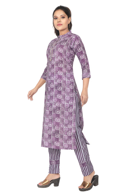 Meniki Women's Purple Circular Printed Kurti with Pant