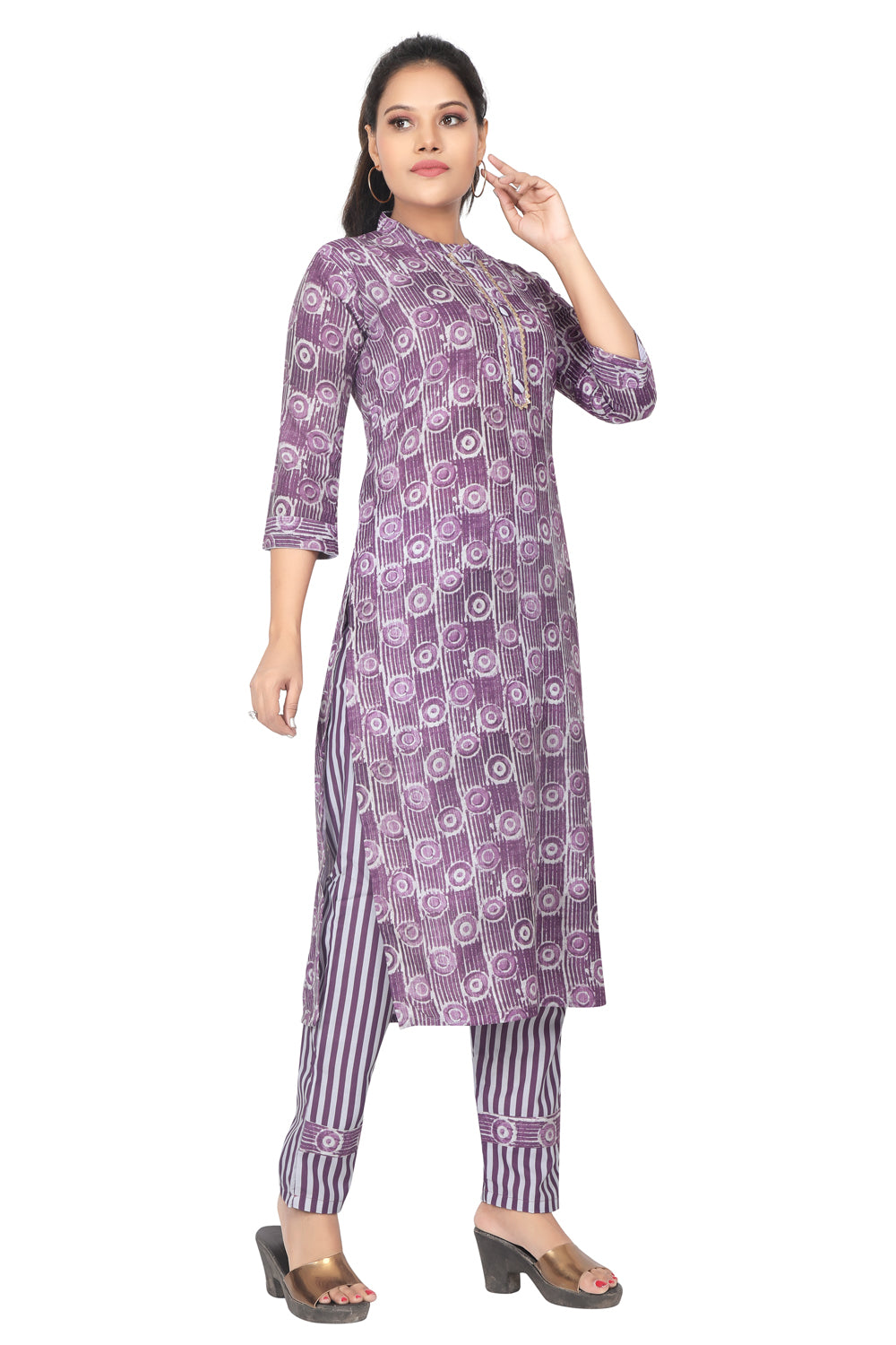 Meniki Women's Purple Circular Printed Kurti with Pant