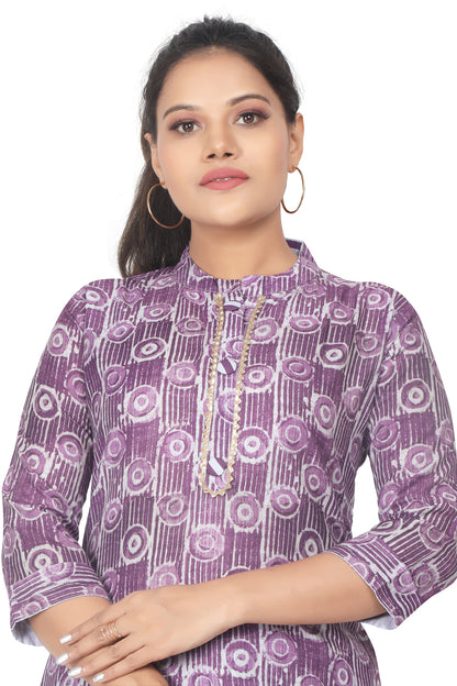 Meniki Women's Purple Circular Printed Kurti with Pant