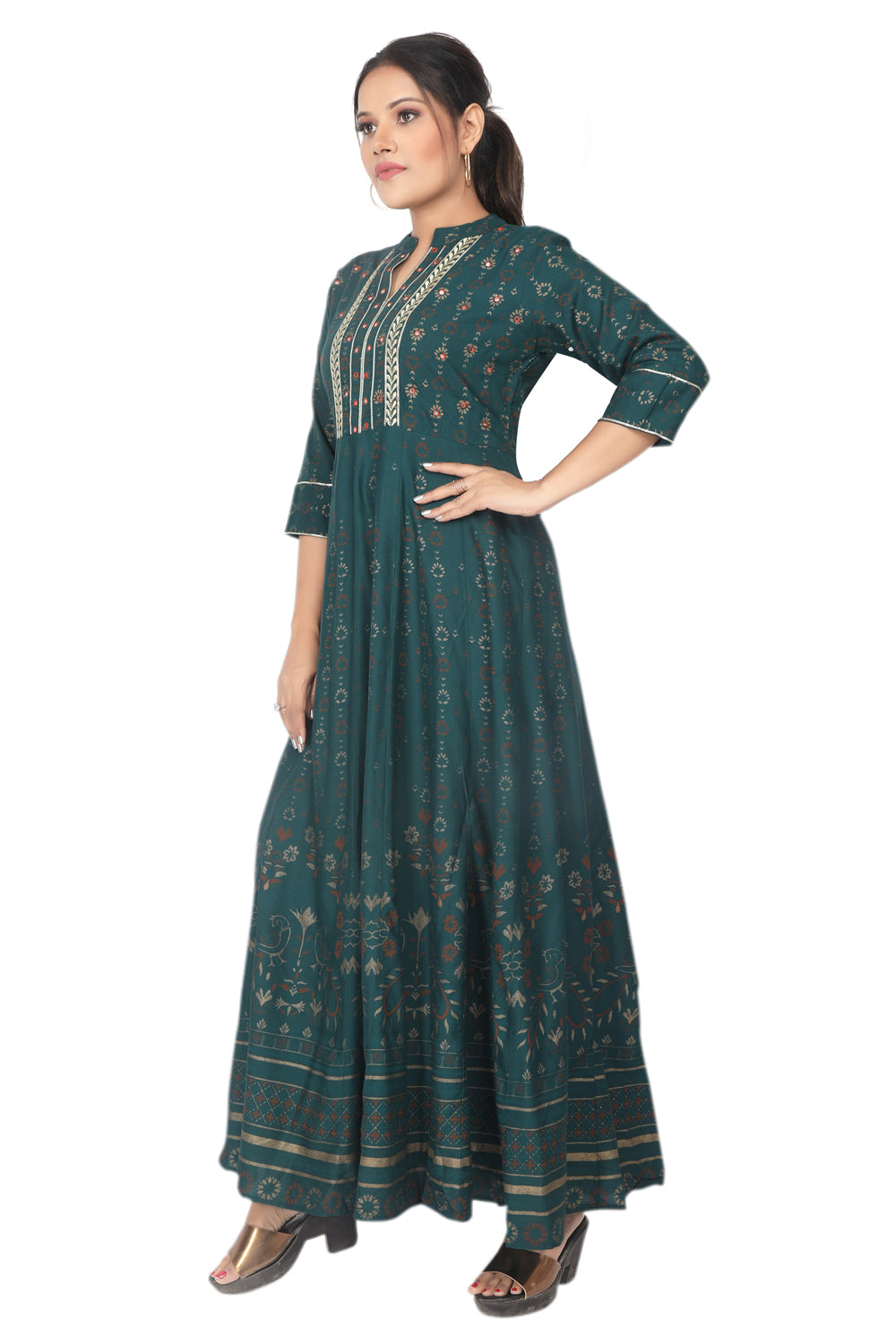 Meniki Women's Gold Print Thread and Mirror Work Gown