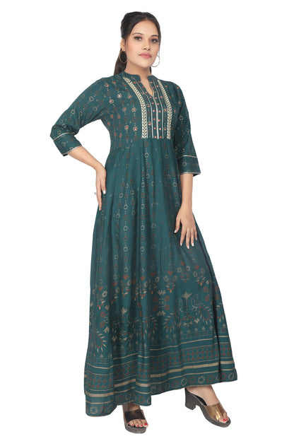 Meniki Women's Gold Print Thread and Mirror Work Gown