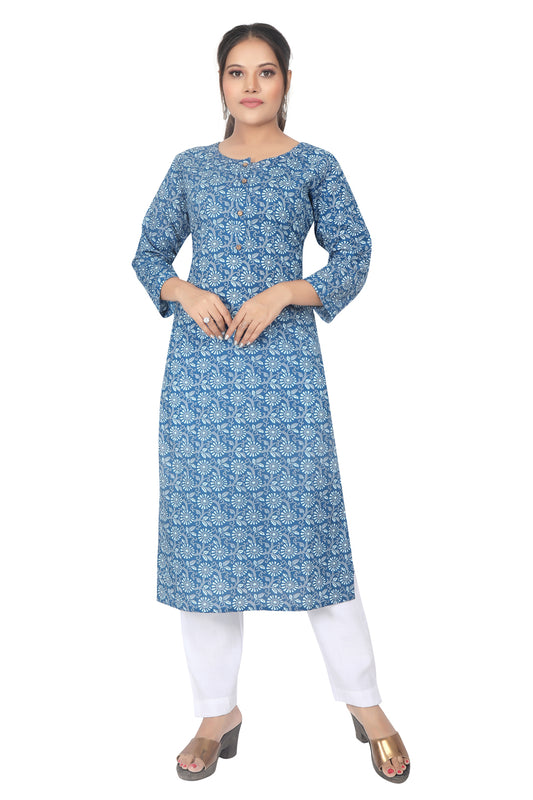 Meniki Women's Steel Blue Flowers Printed Kurti