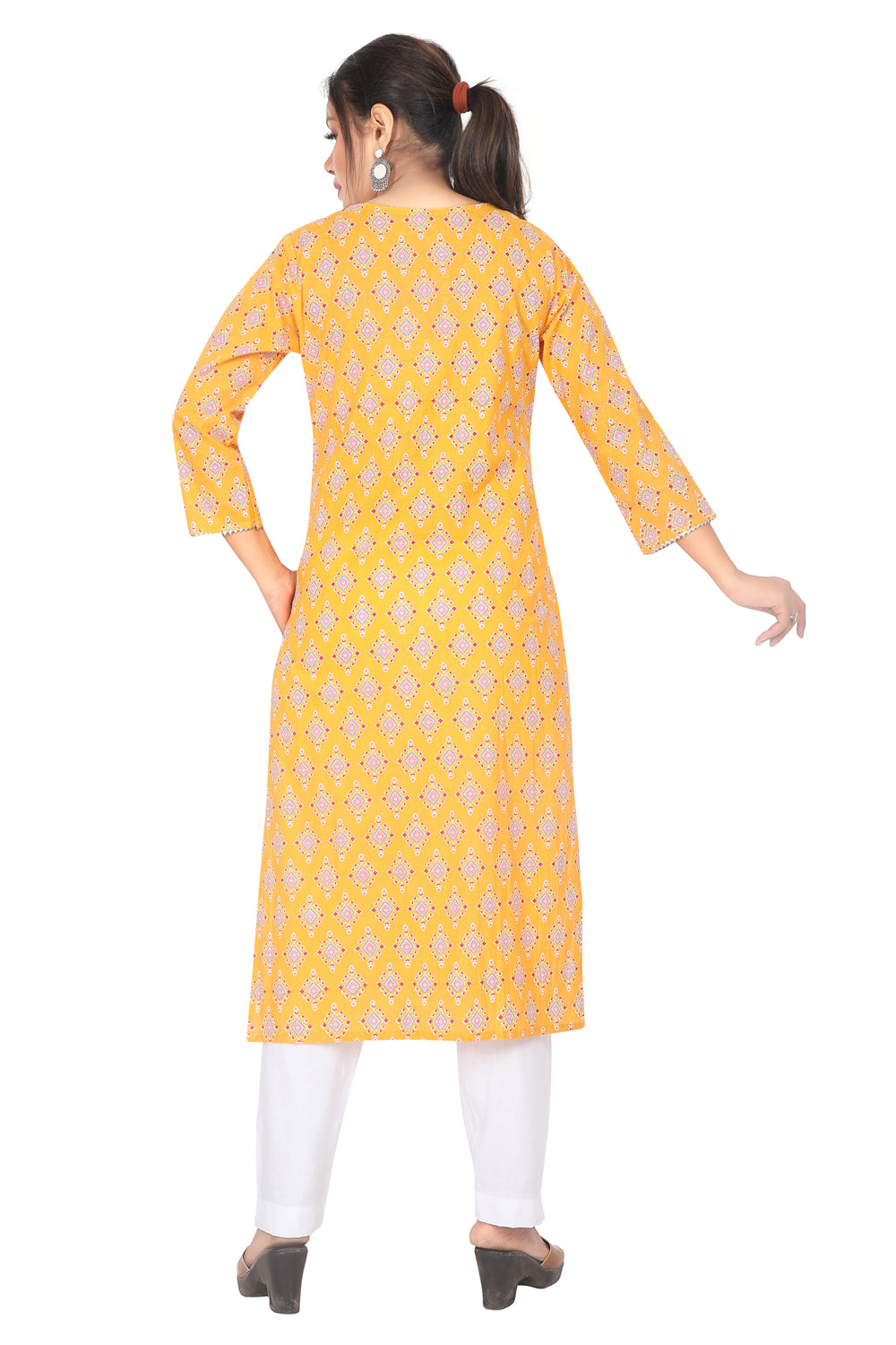 Meniki Women's Multi-Colored Square Yellow Printed Kurti