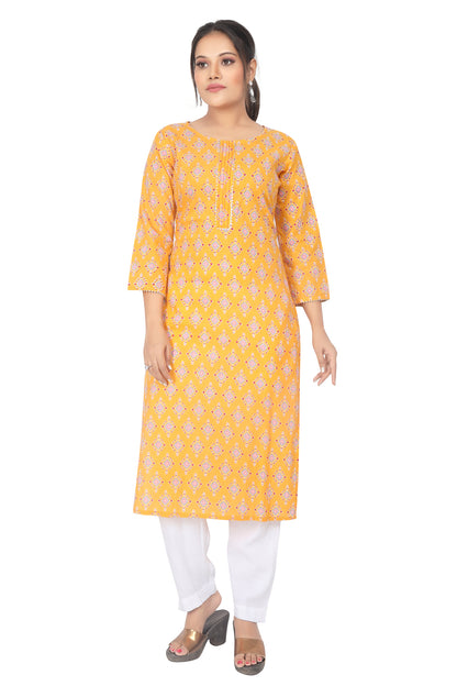 Meniki Women's Multi-Colored Square Yellow Printed Kurti