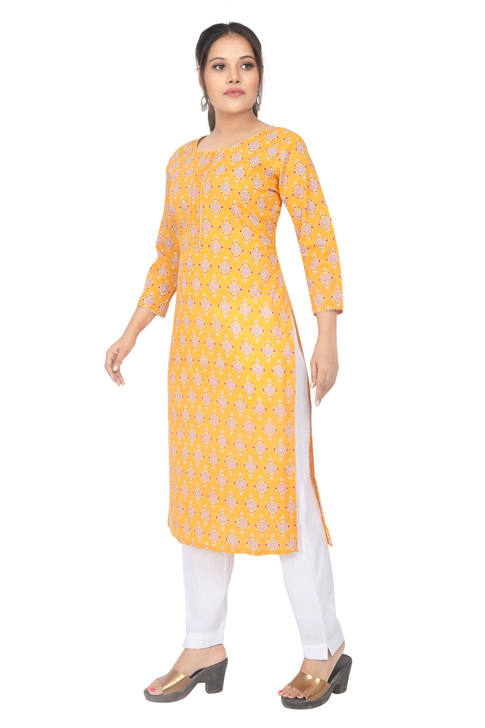 Meniki Women's Multi-Colored Square Yellow Printed Kurti