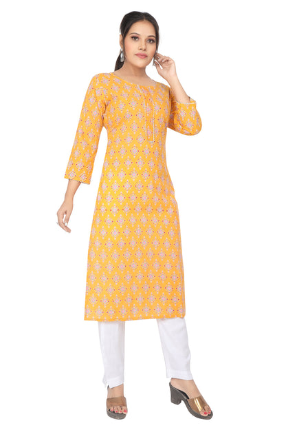 Meniki Women's Multi-Colored Square Yellow Printed Kurti