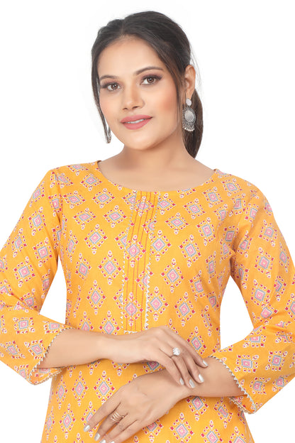 Meniki Women's Multi-Colored Square Yellow Printed Kurti