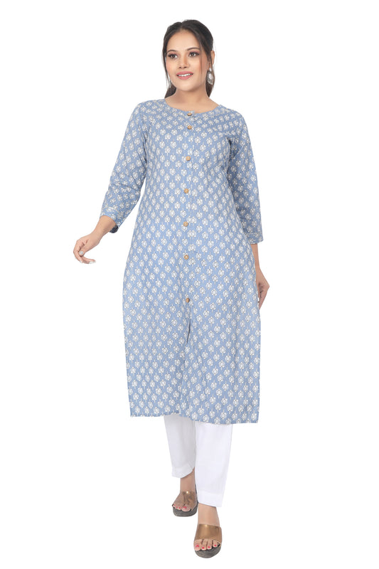 Meniki Women's White Flowers Printed with Front Wooden Buttons Powder Blue Kurti