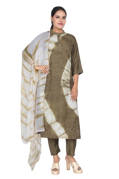 Meniki Women's Green Color Tye and Dye Printed Kurti with Pant and Dupatta