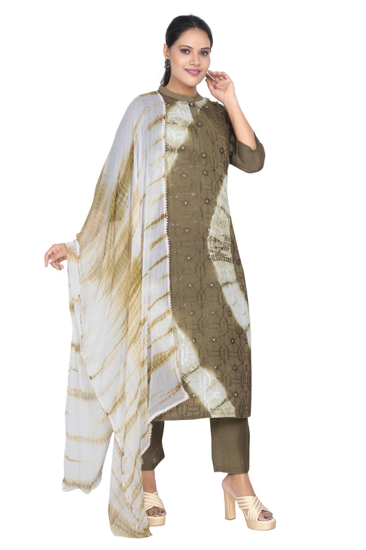 Meniki Women's Green Color Tye and Dye Printed Kurti with Pant and Dupatta