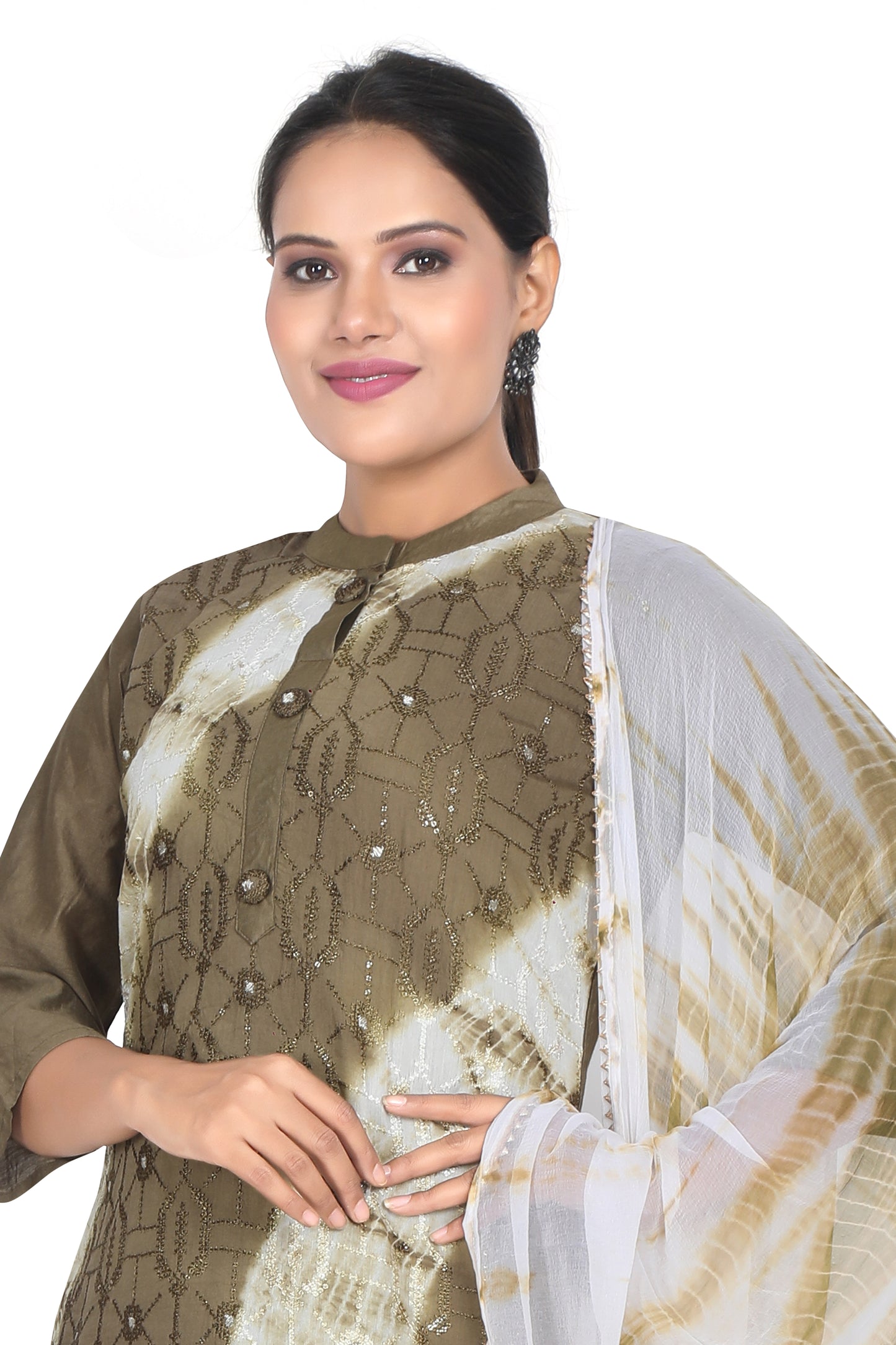 Meniki Women's Green Color Tye and Dye Printed Kurti with Pant and Dupatta