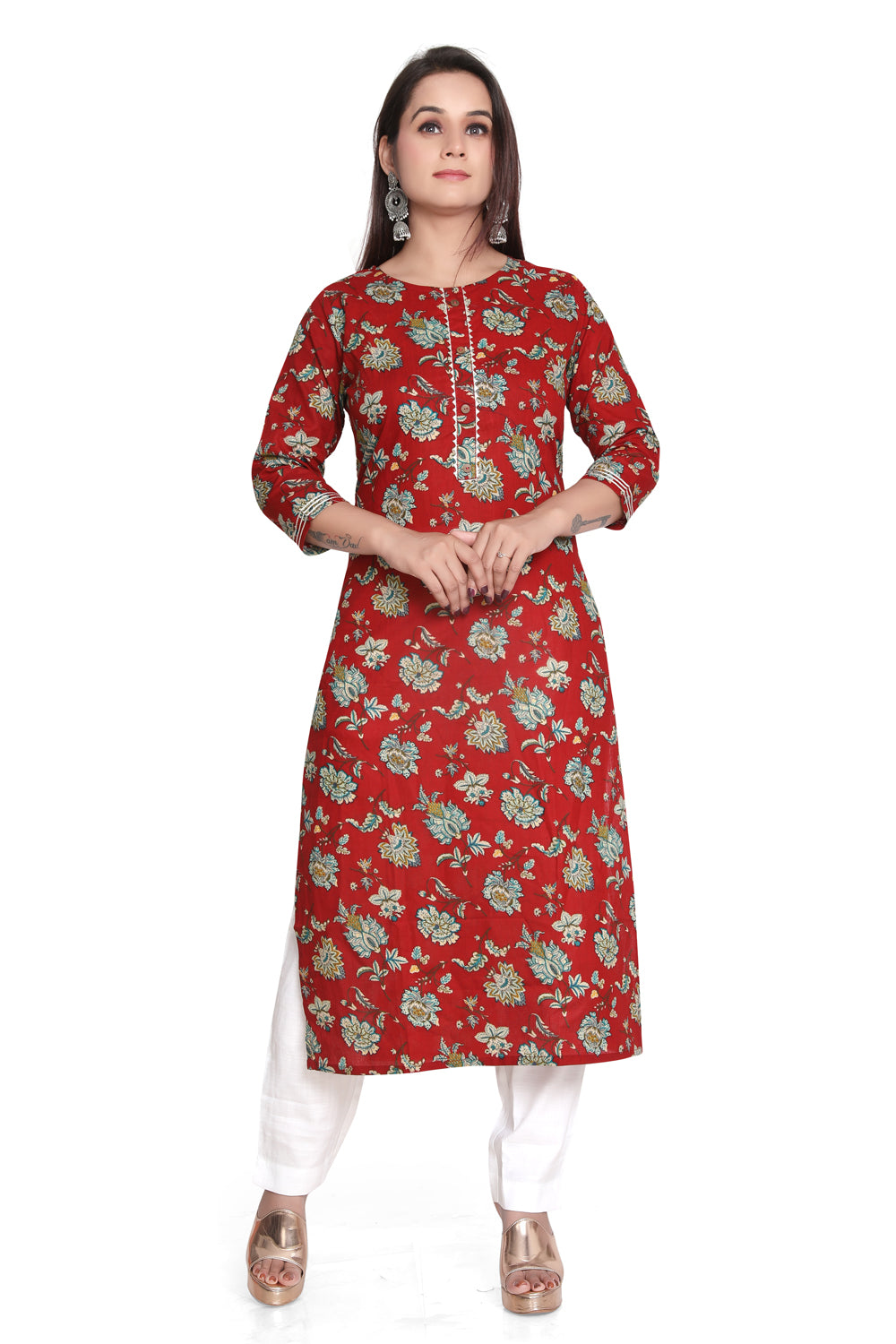 Meniki Women's Printed Maroon Kurti