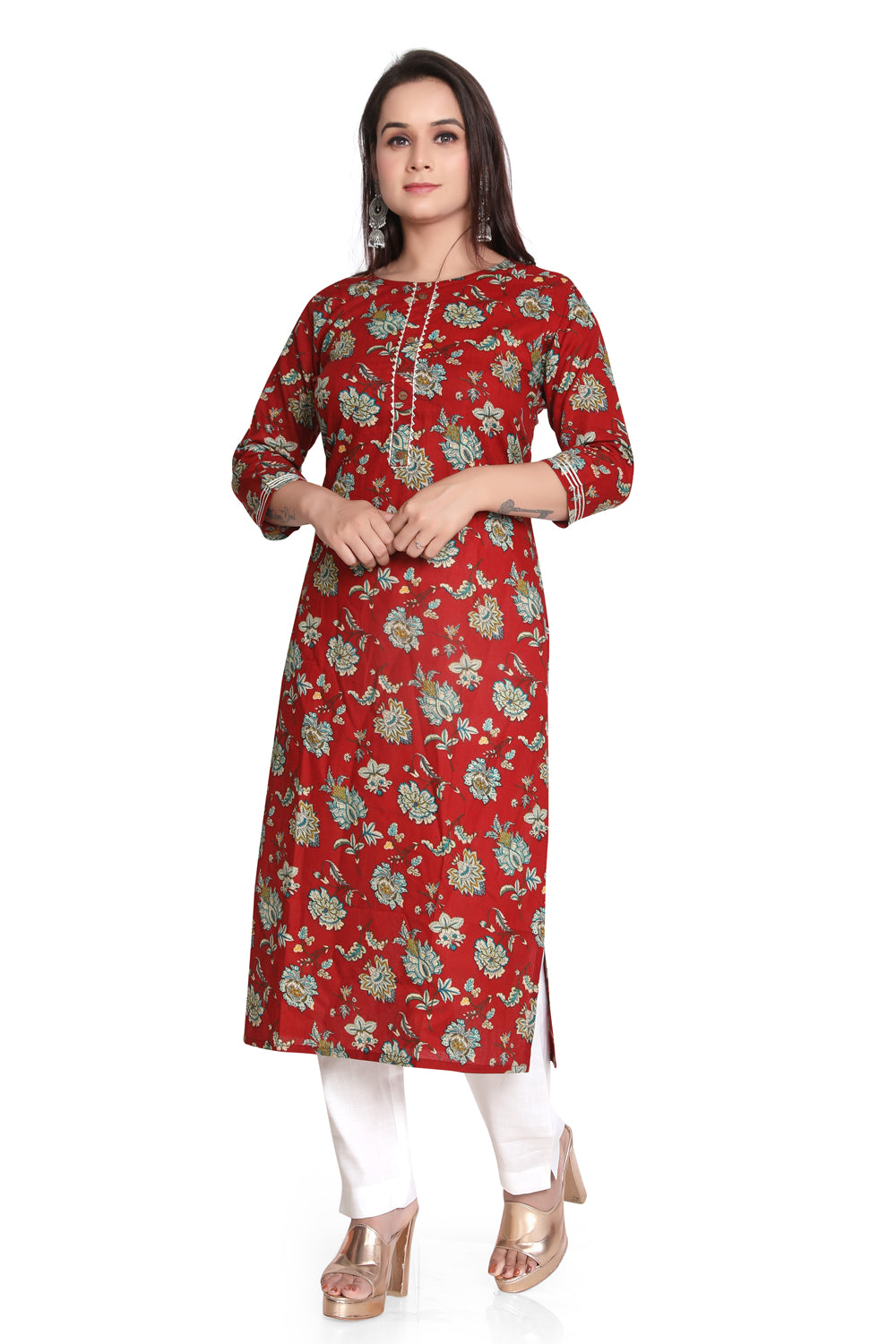 Meniki Women's Printed Maroon Kurti