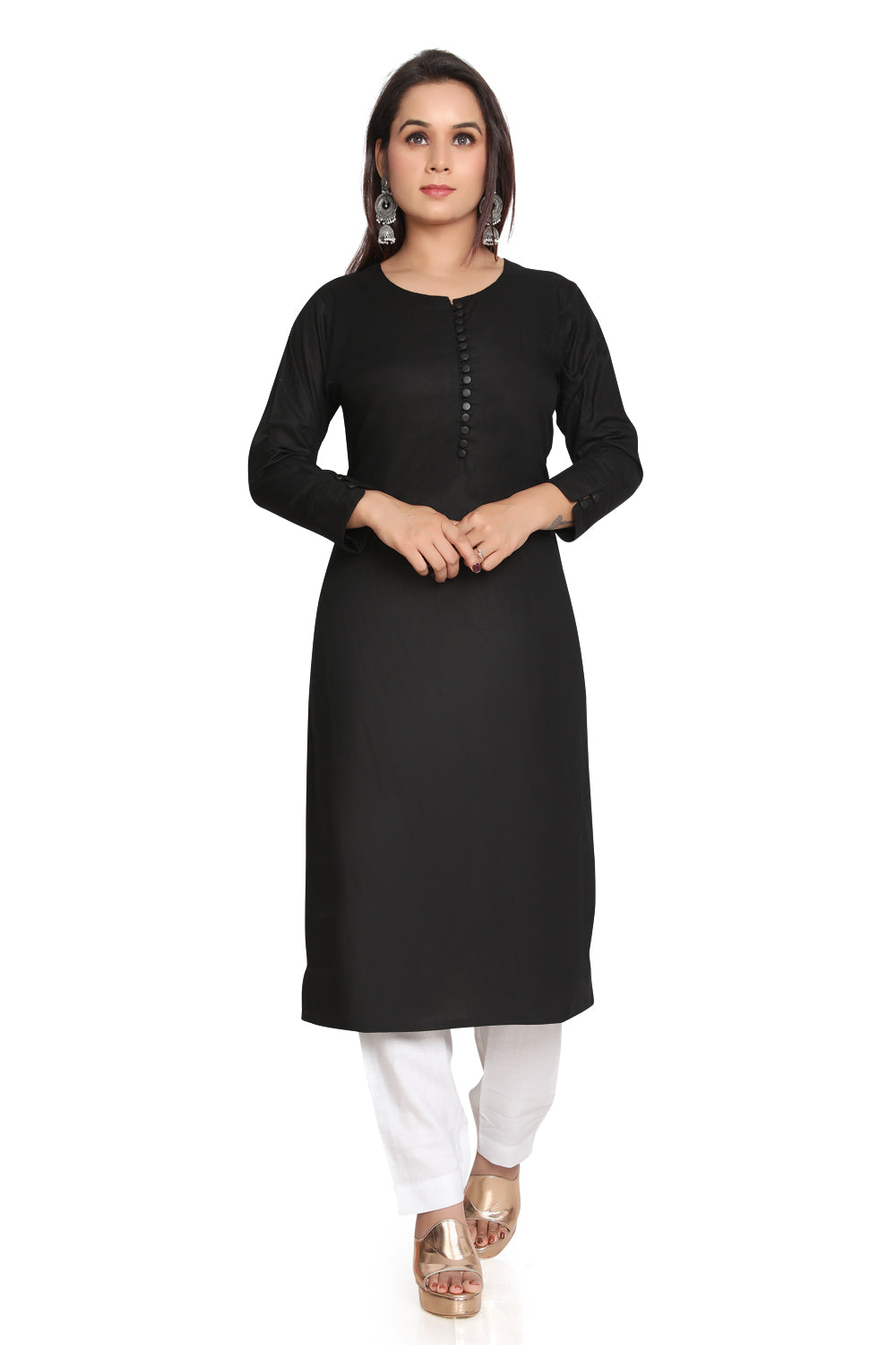 Meniki Women's Black Matt Buttons Rayon Kurti