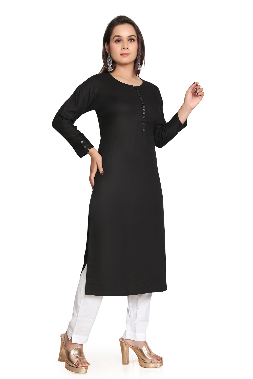 Meniki Women's Black Matt Buttons Rayon Kurti