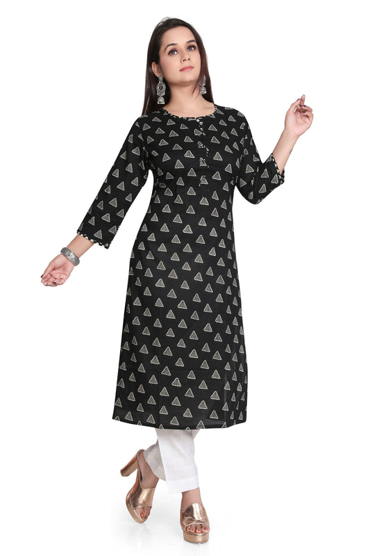 Meniki Women's White Triangles Black Printed Kurti