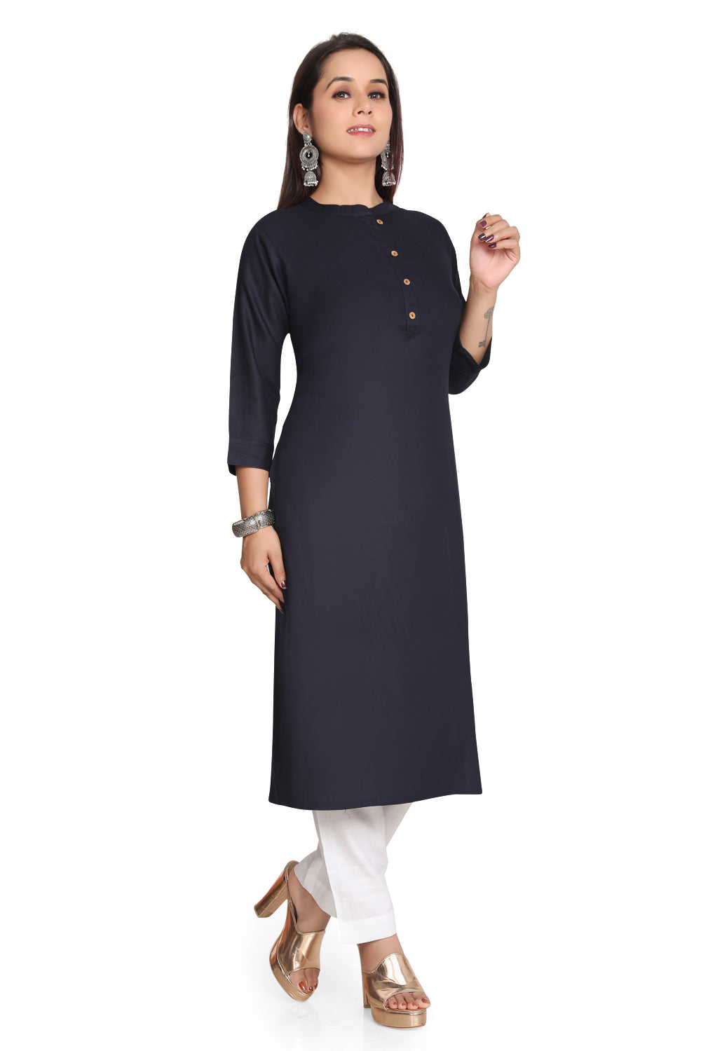 Meniki Women's Rayon Kurti with Wooden Buttons