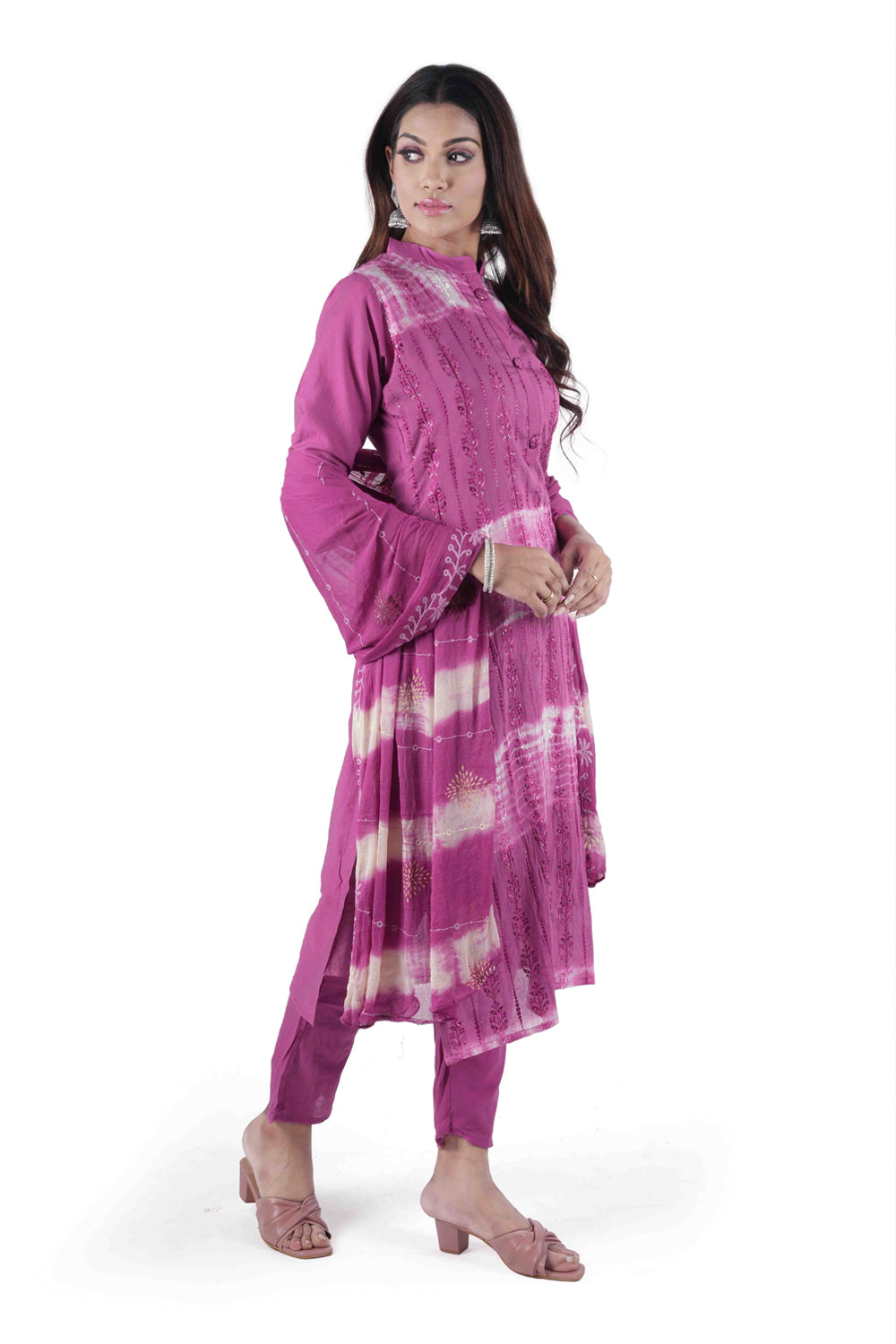 Meniki Women's Tie and Dye Dark Pink Straight Fit Thread and Sequence Work Kurta with Pant and Dupatta