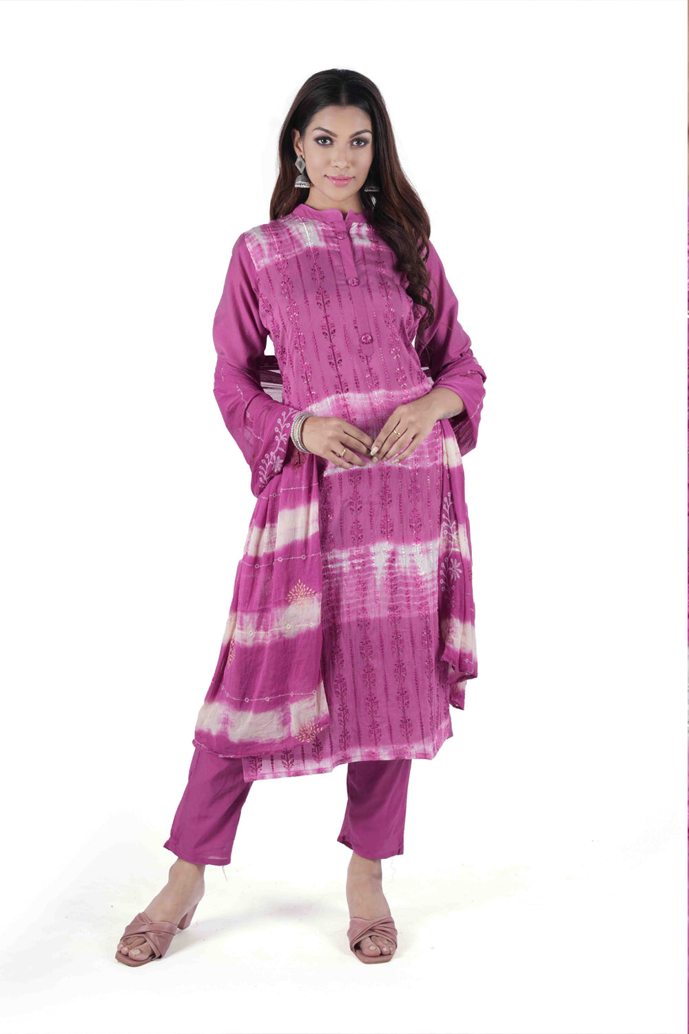 Meniki Women's Tie and Dye Dark Pink Straight Fit Thread and Sequence Work Kurta with Pant and Dupatta