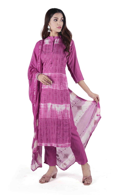 Meniki Women's Tie and Dye Dark Pink Straight Fit Thread and Sequence Work Kurta with Pant and Dupatta