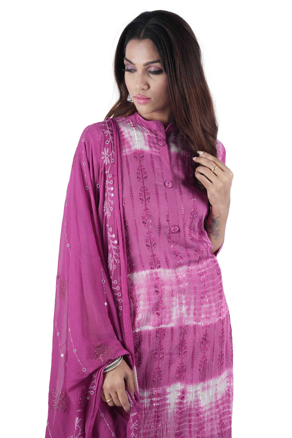 Meniki Women's Tie and Dye Dark Pink Straight Fit Thread and Sequence Work Kurta with Pant and Dupatta